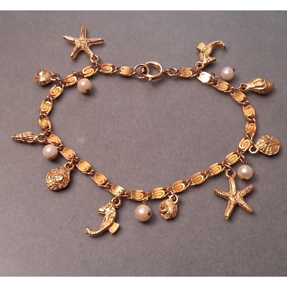 Vintage Beach Charm Bracelet Faux Pearls Gold Tone